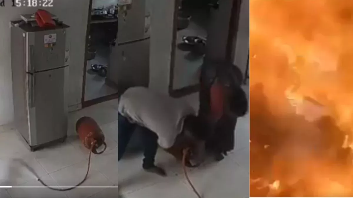 सिलेंडर से गैस लीक होने का ऐसा मंजर नहीं देखा होगा, महिला-पुरुष के सामने थी मौत, भयानक ब्लास्ट से कैसे बची जान, Video Viral